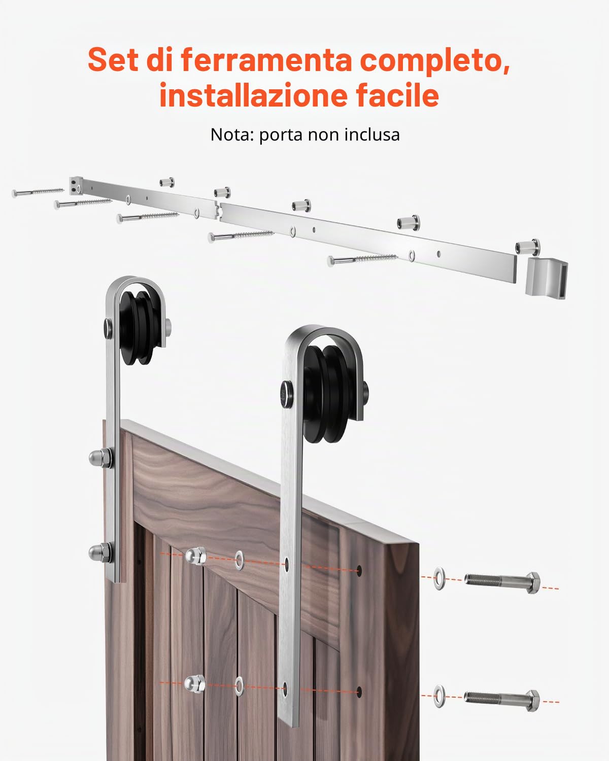 VEVOR Kit Ferramenta per Porta Scorrevole da Fienile 1828 mm, Capacità 150 kg, Compatibile con Larghezza 914 mm e Spessore 34,9-44,45 mm, Binario Resistente Rullo a Forma J, Argento