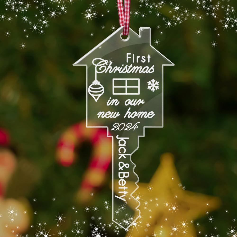 Personalised Merry Christmas Tree Bauble First Xmas Decoration for New Home Engraved Names of Family member Acrylic Christmas Tree Ornament for Family Hand Finished in UK(Key)