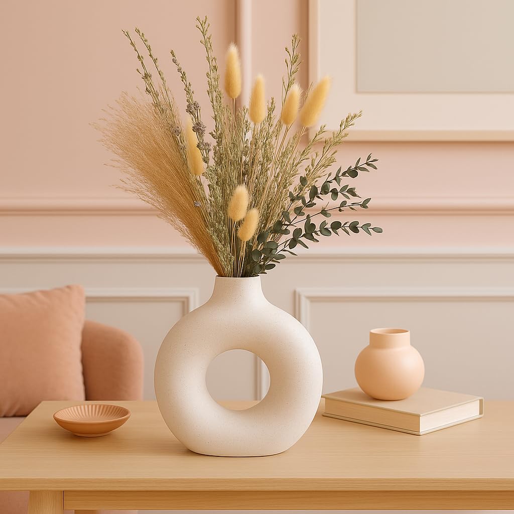 Xtore Satin Matte White Ceramic Donut Vases for Home Décor | Minimalist Aesthetic Decorative Vase for Living Room, Bedroom, Office, Coffee/Dining Table - (Pack of 1, Grass not Included)