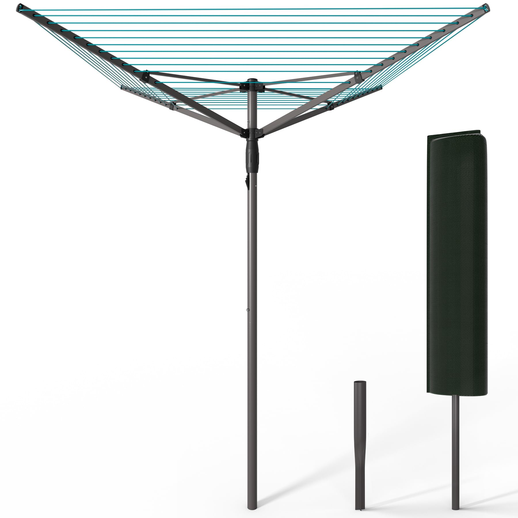 VOUNOT® 45m 4 Arm Rotary Washing Line with Cover & Metal Ground Spike, Heavy Duty Foldable Outdoor Clothes Airer, Whirligig Rotary Dryer for Garden, Grey