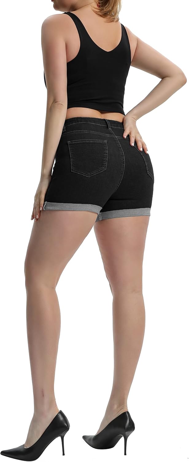 Laeyzuo Women's High Waisted Stretch Jean Shorts Foldead Hem Fashion Denim Shorts - Image 4