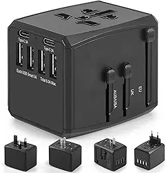 100-240v Carregador Universal com Adaptadores de Viagem, Adaptador Universal de Viagem 6A com 4 Portas USB e 2 Portas USB C, Adaptador de Tomada