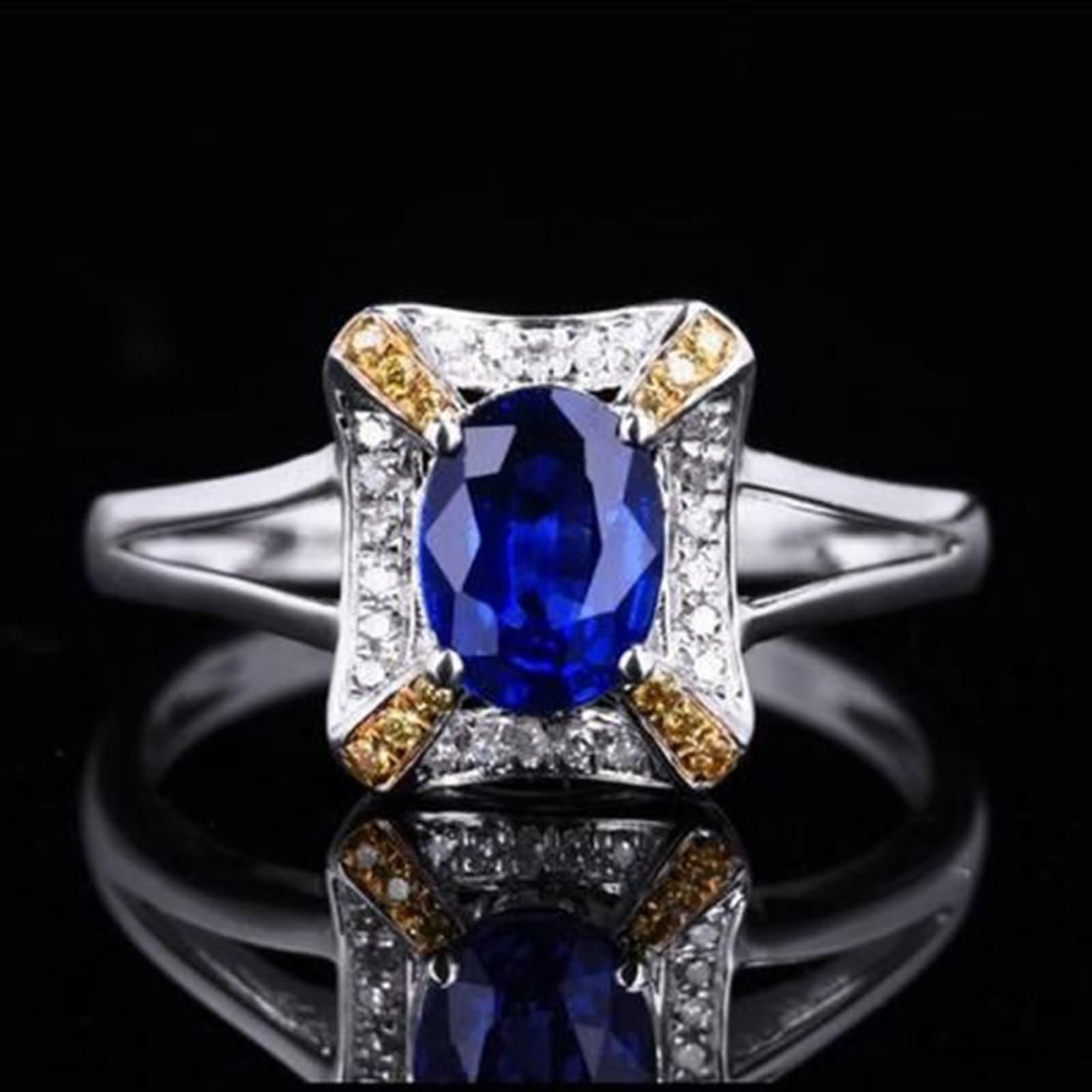 Anillo Compromiso Oro Blanco de 9 Kilates / 14 Kilates / 18 Kilates para Mujer, Rectángulo y Oval con Zafiro Creado de 1.1ct y Moissanita, Anillo de Alianza Mujer Plata Azul