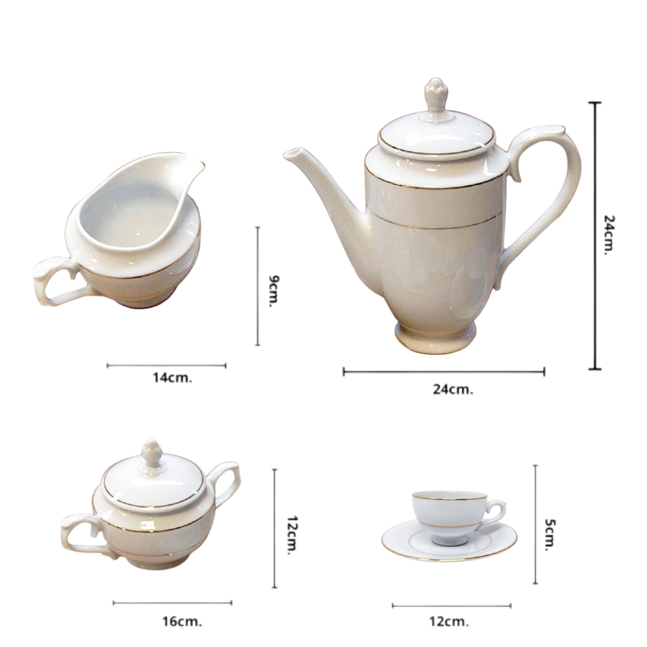 Juego de café para 12 porcelana blanca | 27 Piezas en total | Clásica decorada con filos dorados | Modelo BREMEN | Menaje Mesa