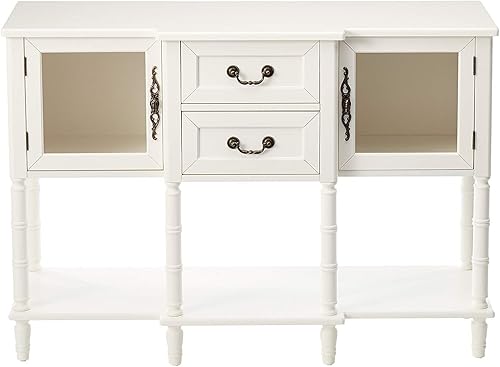 Miniatura 4 de Kings Brand Furniture Aparador moderno con puertas de cristal, cajones de almacenamiento y estantes para cocina, comedor y sala de estar (blanco