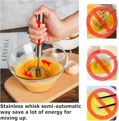 Miniatura 6 de Batidores de acero inoxidable, 2 piezas de 10 pulgadas/12 pulgadas, batidor de huevo de mano, no eléctrico, fácil batidor solo con presionar y batir