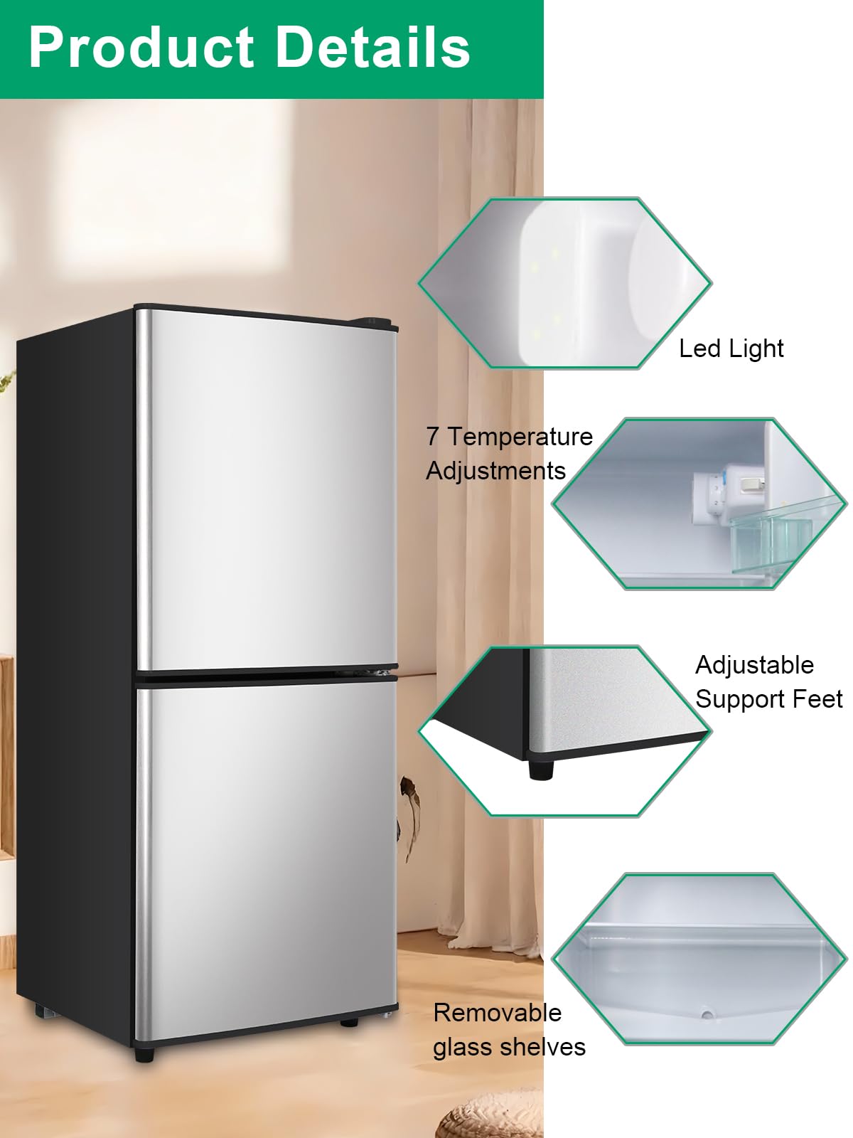 Krib Bling Refrigerator With Freezer 4.0 Cu.Ft With 7 Level Adjustable Thermostat Control 2 Door Energy Saving Bottom Freezer Compact Refrigerator Silver on Fridge.com - View 4