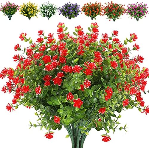 JOYGAR 8 Bundles Artificial Flowers Fake Boxwood Shrubs UV Resistant No Fade Faux Greenery Faux Plastic Lotus for Home Garden Hanging Planter Indoor Outdoor Porch Patio Office Wedding Decoration(Red)