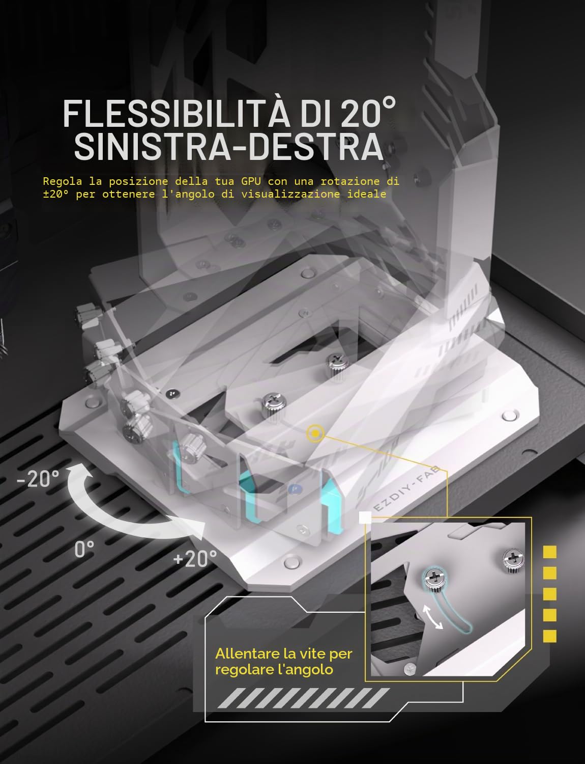 EZDIY-FAB Shield ARGB Supporto verticale per GPU con cavo riser PCIe 5.0, staffa verticale GPU Supporto RTX serie 50, angolo regolabile a 20 gradi, installazione magnetica e slot ventola