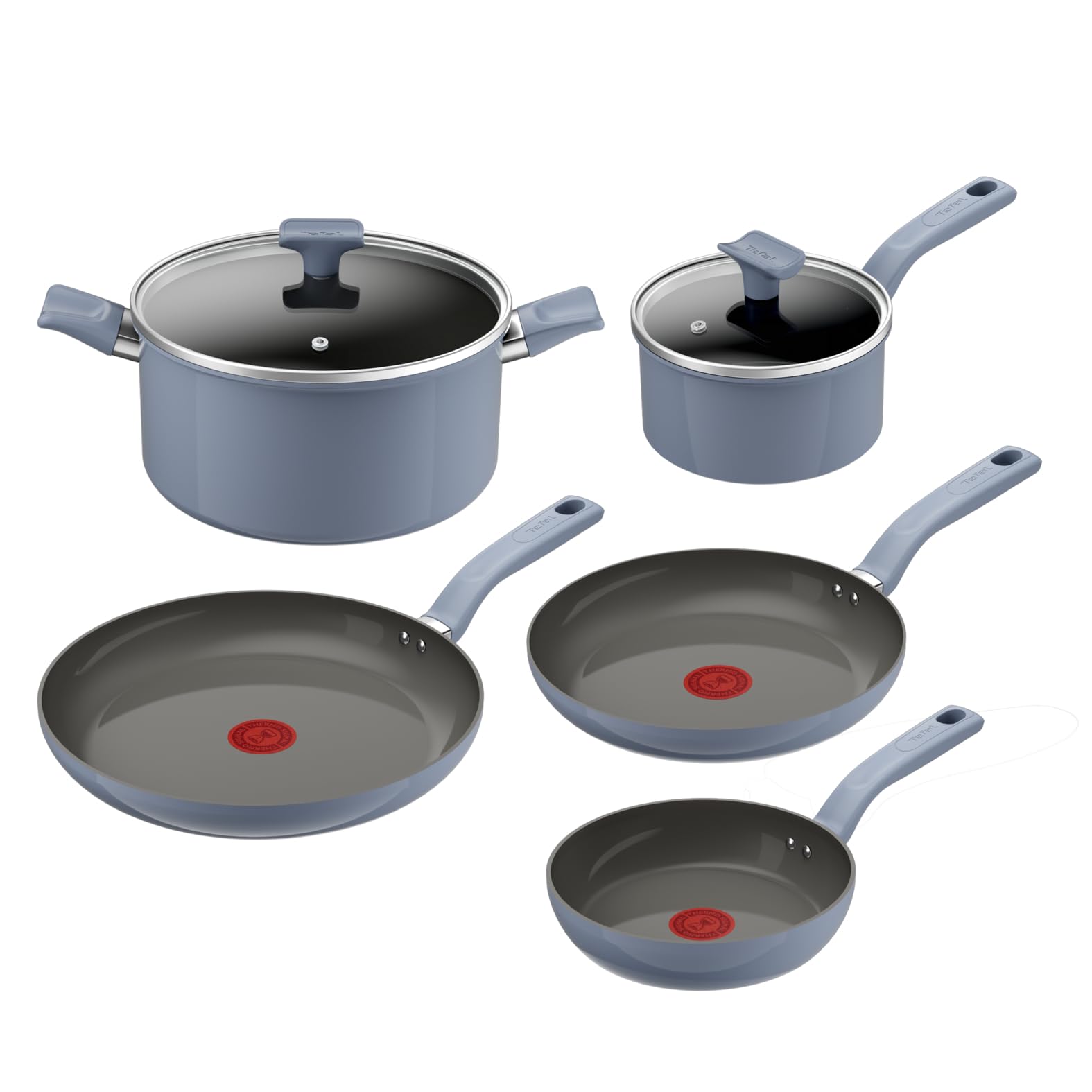 Tefal Cera Color On - Juego de 3 sartenes de 20/24/28 cm + Cazo con tapa de 16 cm + Olla con tapa de 24 cm, Revestimiento cerámico antiadherente de aluminio, 100% reciclado, Thermo-Signal