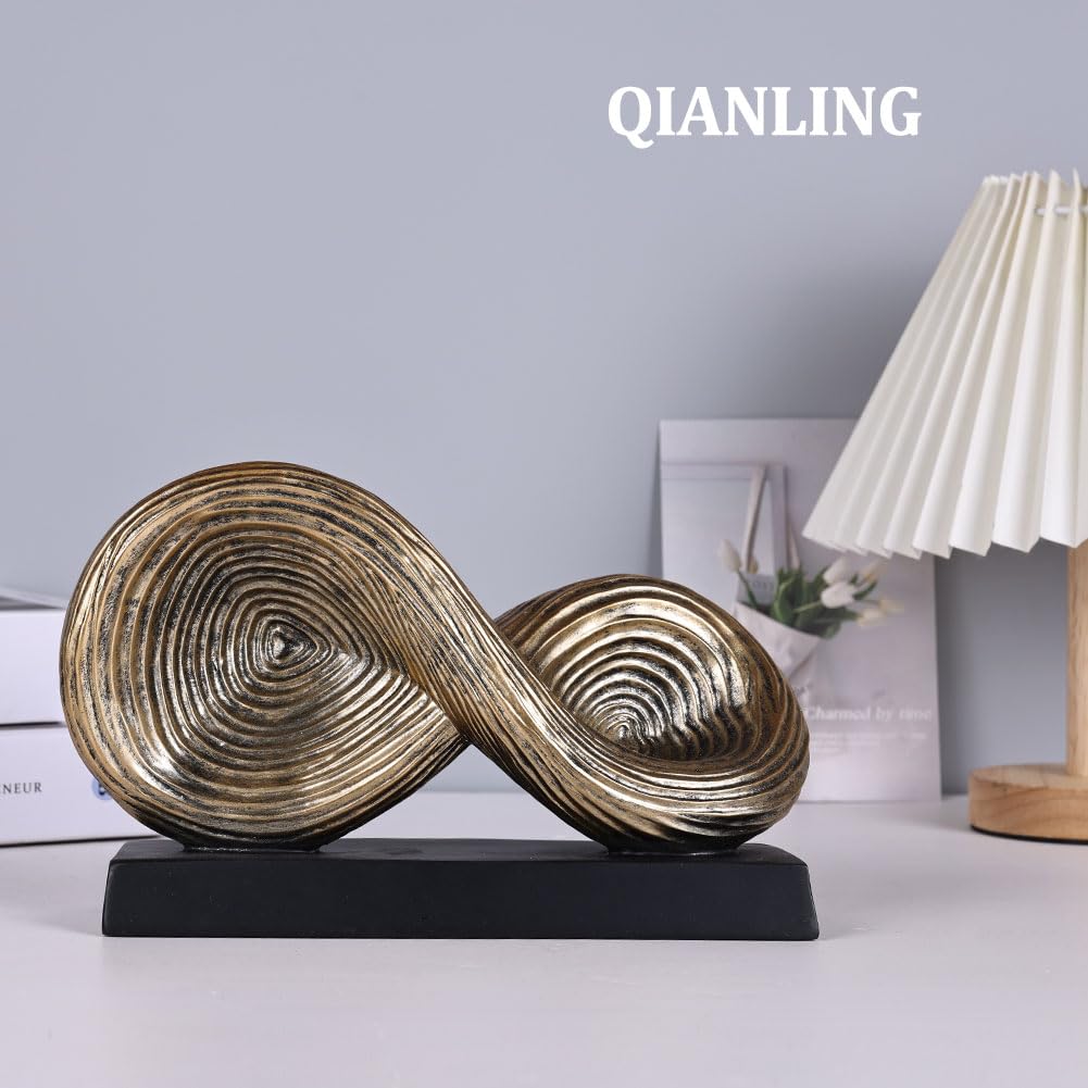 QIANLING Escultura de arte abstracto, escultura de símbolo de bucle infinito, estatua decorativa abstracta, nudo dorado para decoración del hogar, decoraciones modernas para mesa de café, entrada