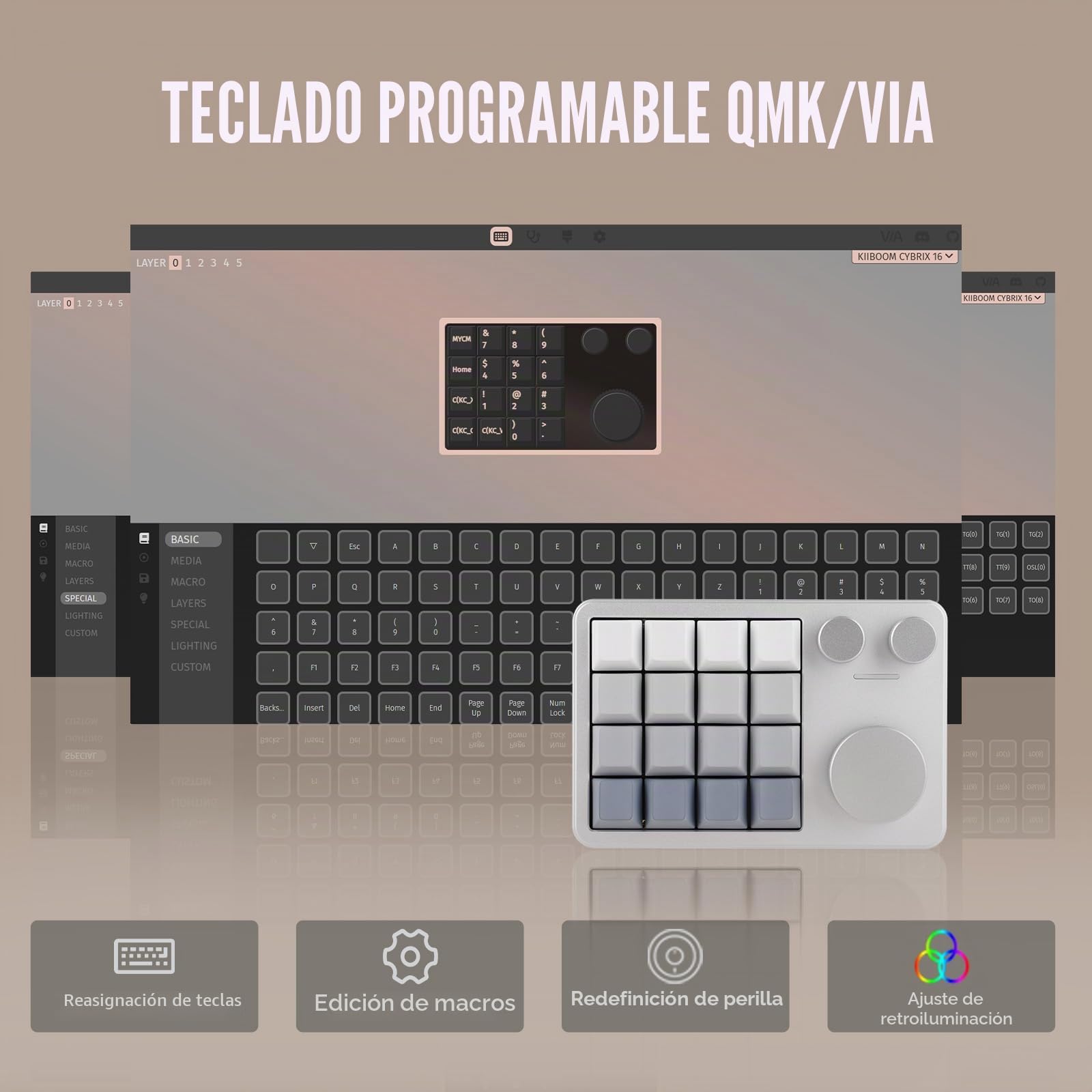 KiiBoom Cybrix 16 VIA Programable Macro Pad - 16 Teclas + 3 Botones Numpad Type-C de Aluminio, PCB Hot-Swappable PCB, RGB Keyboard, Teclado numérico ligero y portátil para Windows y Mac (Plata)