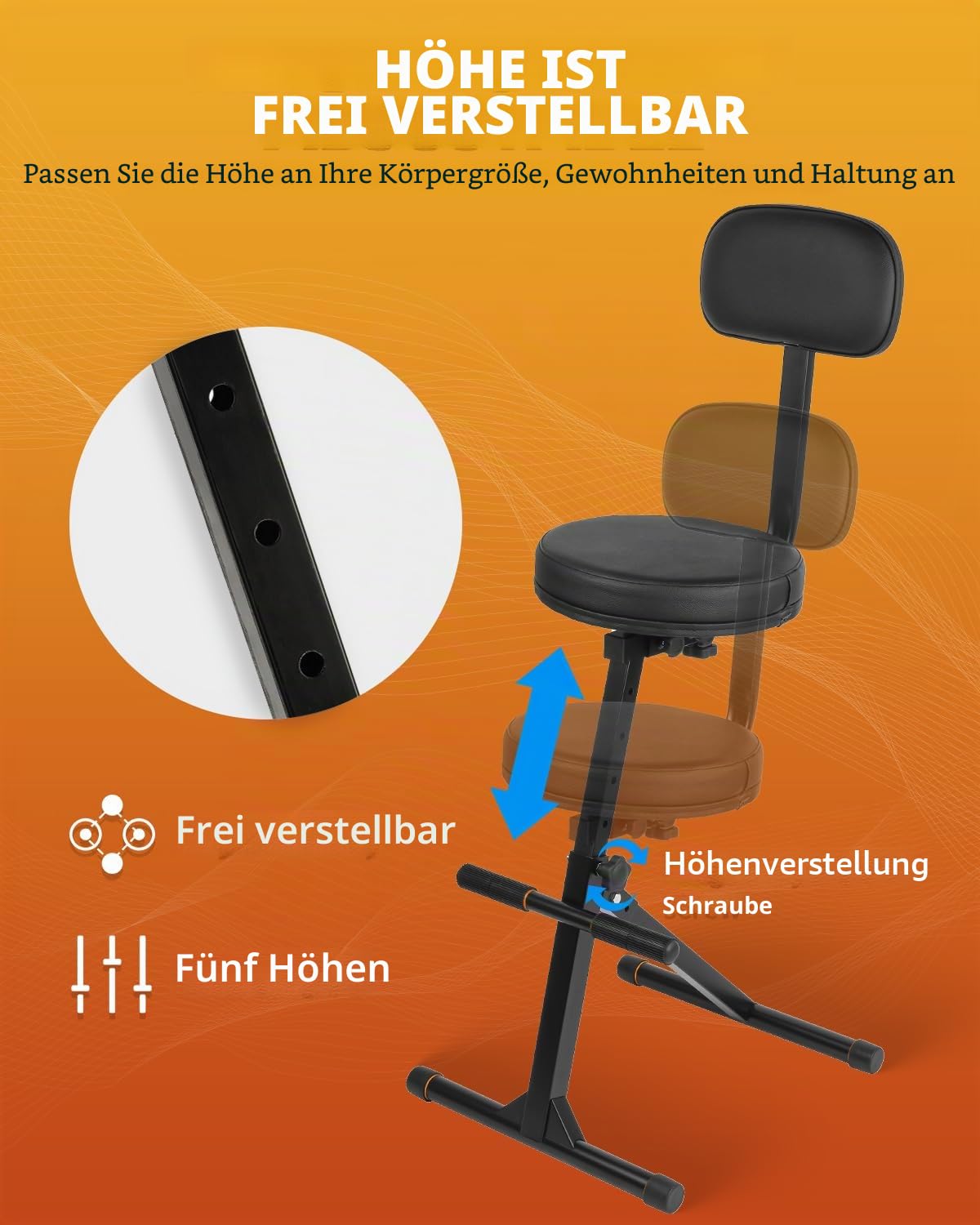 STRICH Gitarrenhocker mit Rückenlehne, höhenverstellbarer Gitarrensitz mit Aufhänger für Akustik, Bassgitarren, Gitarren & Bass Zubehör, SGT-30B