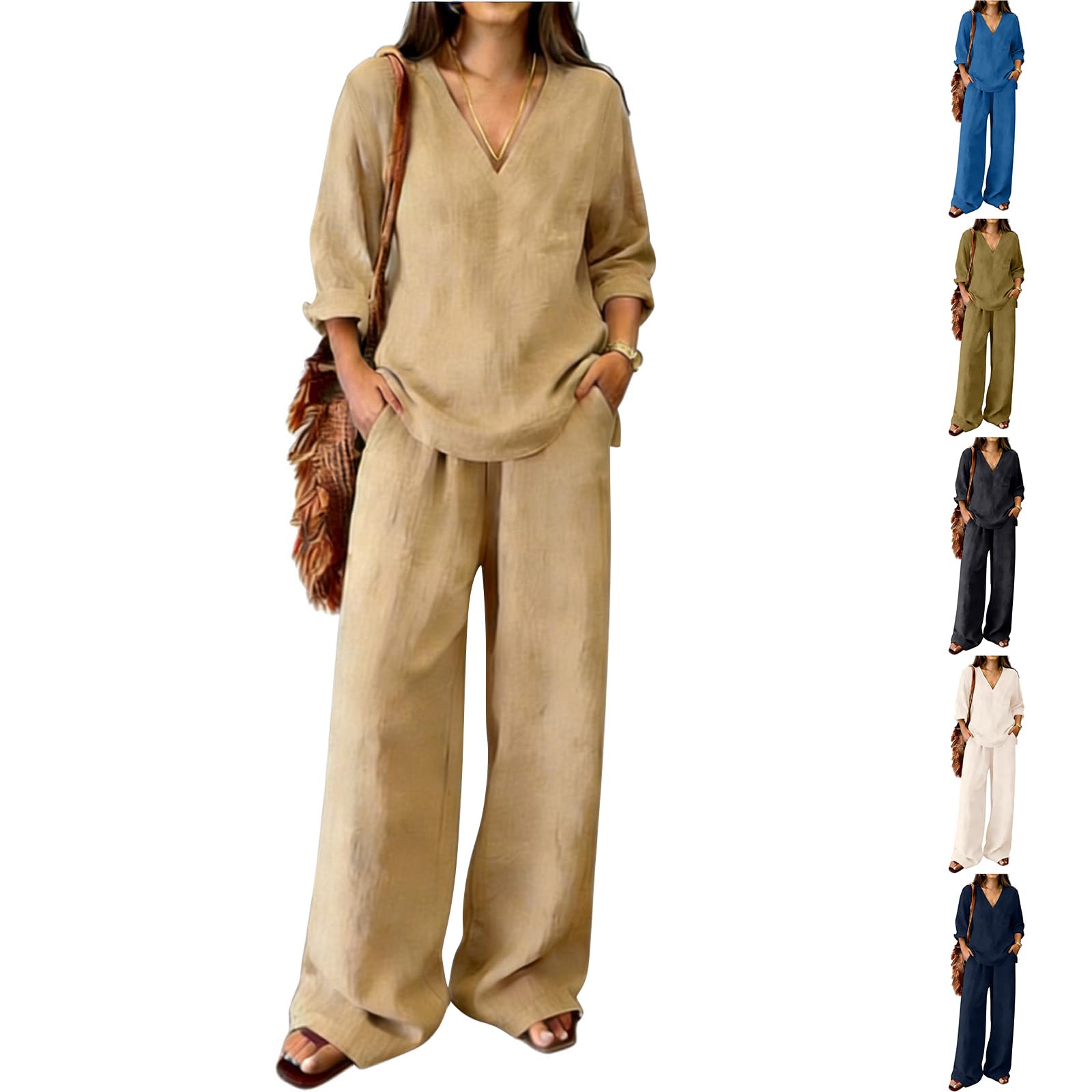 Linen Co Ord Sets for Women UK Cotton Linen Two Piece Outfit - V-Neck 3/4 Sleeve Top & Wide Leg Pants Set Lightweight Breathable Short Tracksuits for Casual Summer & Loungewear