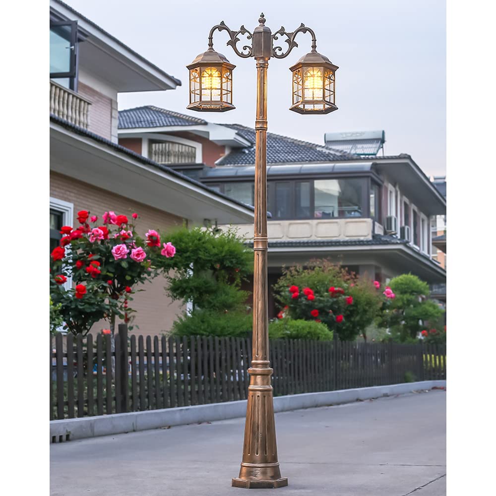Lamp Post Lights Outdoor, 88inch 2-Head Outdoor Light Aluminum Pillar Garden Path IP65 Waterproof Street Glass Lantern Courtyard Bollard PathLighting (Bronze 78inch)