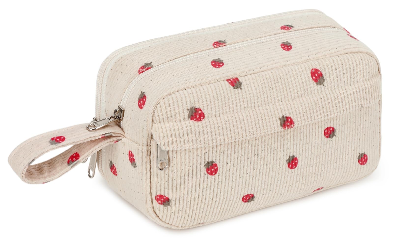 LOIDOU Federmäppchen für Mädchen, Groß, Niedlich, Schreibwarenbeutel, Bleistiftbeutel für Schule, Studium, Büro, Geschenk (Erdbeer Muster beige Basis)