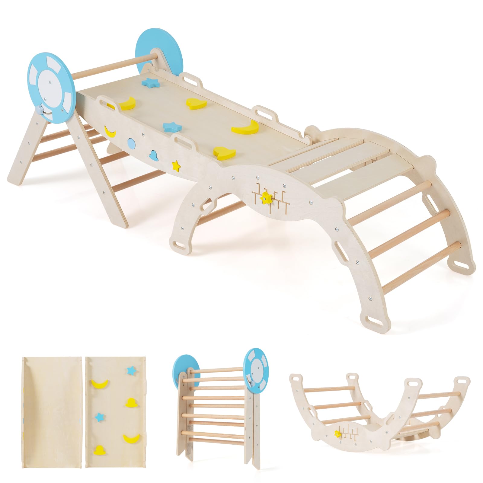 RELAX4LIFE Juego de Triángulo para Niños, Juguetes de Escalada Plegables 8 en 1, Parque Infantil Montessori de Madera con Arco, Rampa y Escalera, Gimnasio de Interior para Niños (Natural)