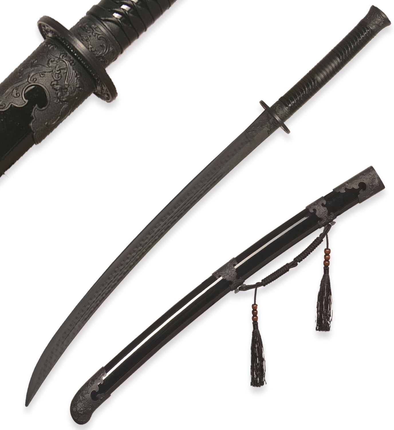 39" Plastic Martial Arts Polypropylene Training Katana Practice Sword, Black Chinese Tang Dynasty Style Dragon Pattern Decorated Sword with Scabbard and Tassel C-Brotherhood of Blades