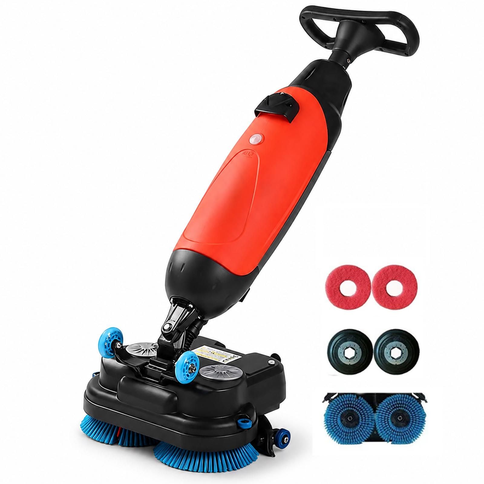 Cordless Floor Scrubber For Small Commercial Spaces,17In 140aw Walk-Behind Cleaning Machine W/360° Rotation Dual Brush/Squeegee Width 430mm-For Offices,Restaurants, Salons Retail Stores Red