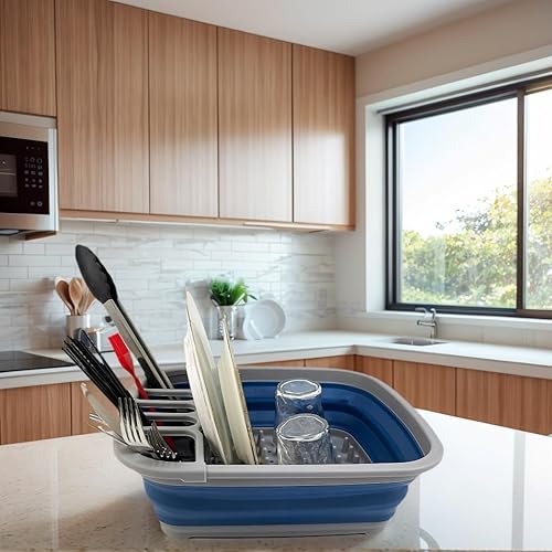 Miniatura 2 de SAMMART Escurridor de platos de plástico plegable de 8 litros (2.11 galones), estante de secado plegable, organizador de vajilla portátil, bandeja