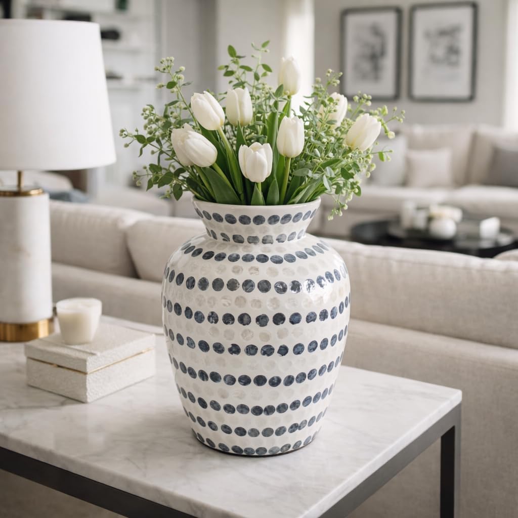 Contemporary Dots Pattern Vase for Living Room Decor - Decorative Vase for Home, Room, and Office Space - Stylish Tall Flower Vase Ideal for House, Bedroom, and Table Decor Accent - 13", Ivory & Blue