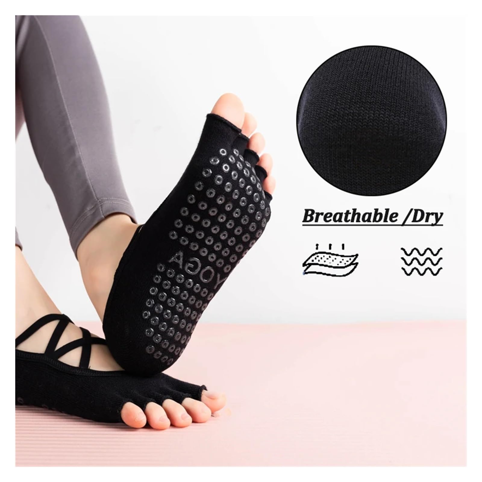Calcetines de Yoga de vendaje cruzado sin espalda for mujer, calcetín de Pilates con cinco dedos, empuñaduras antideslizantes, calcetín deportivo de algodón for baile de Ballet y Fitness Para Yoga Pil