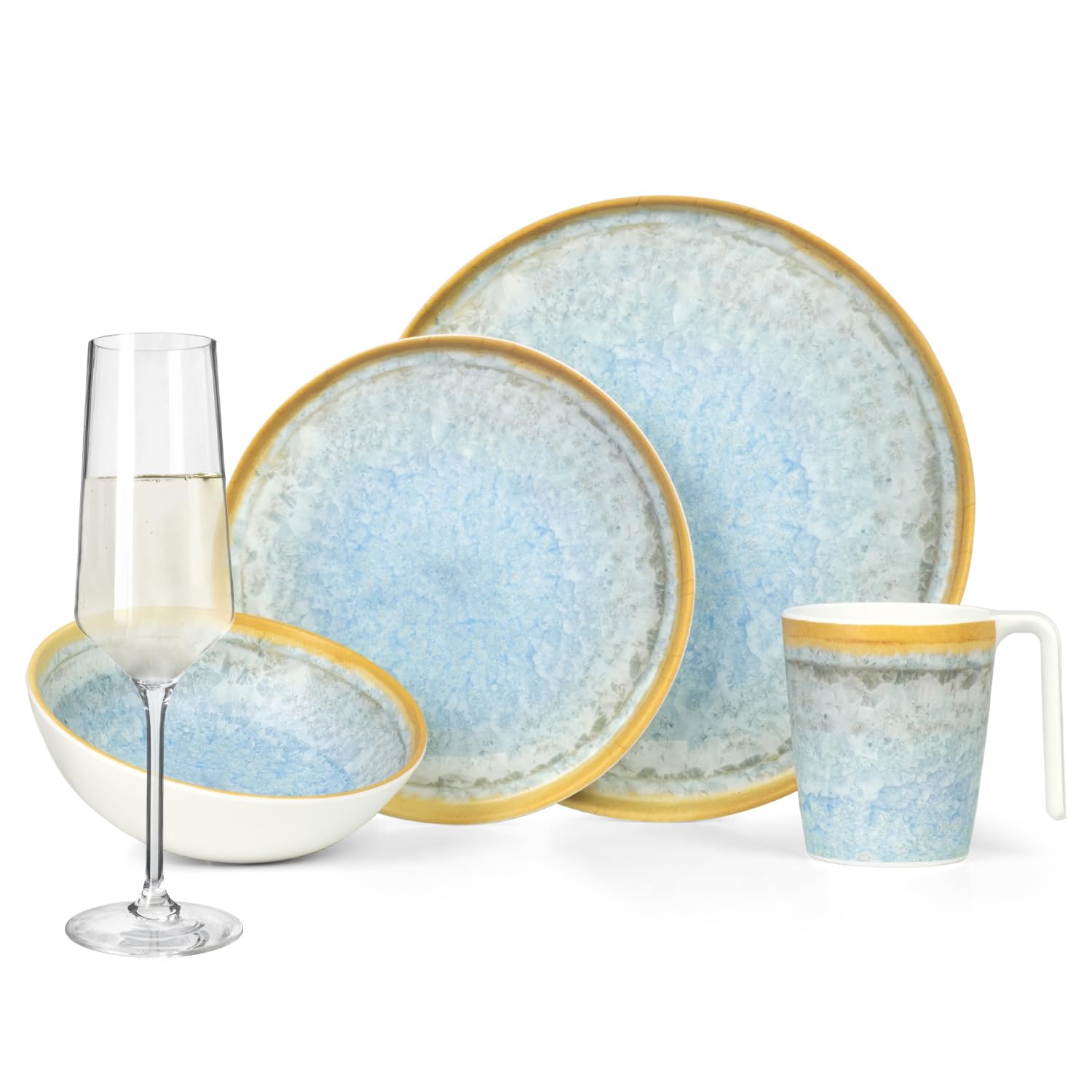 Melamina zestaw naczyń kempingowych dla 4 osób, Crystal Blue + 4 szklanki Milano Champgner Flûtes naczynia stołowe piknik BBQ naczynia do gotowania