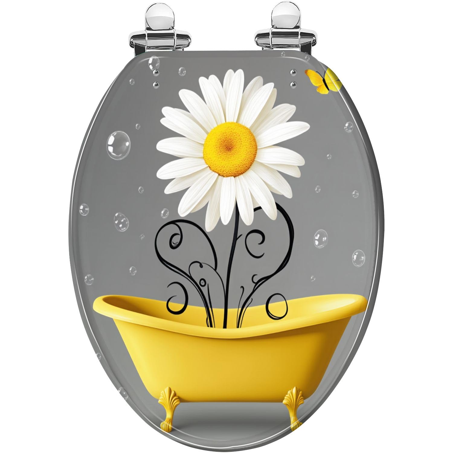 Copriwater allungato decorativo color giallo margherita in resina con venature effetto legno rustico, chiusura ammortizzata, cerniere a sgancio rapido, facile da pulire e installare.