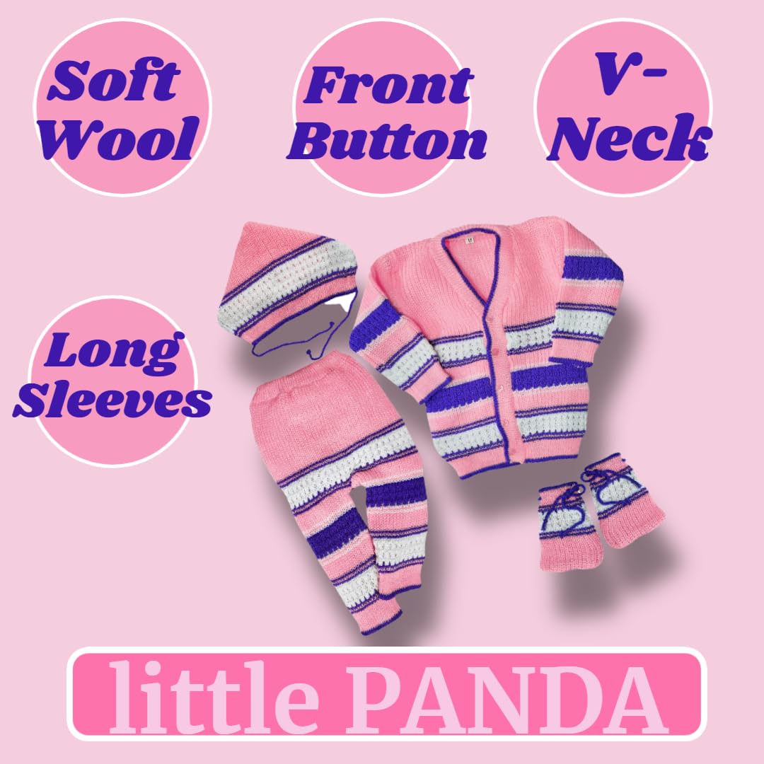 little PANDA Baby Sweater for Baby Boys & Baby Girls Woollen Full Sleeves, V Neck Sweater Top, Bottom, Cap & Booties Set Pink - Image 2 thumbnail