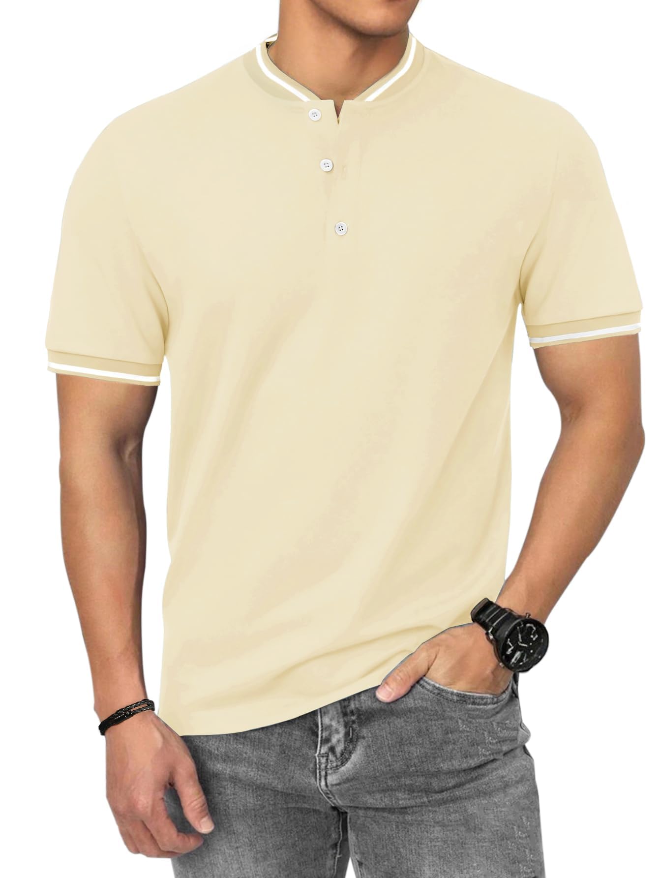 HMIYA Poloshirt Herren Kurzarm Atmungsaktiv Baumwolle Sommer Henley Knopfleiste Kontrastierender Einfassung Basic Golf T-Shirts