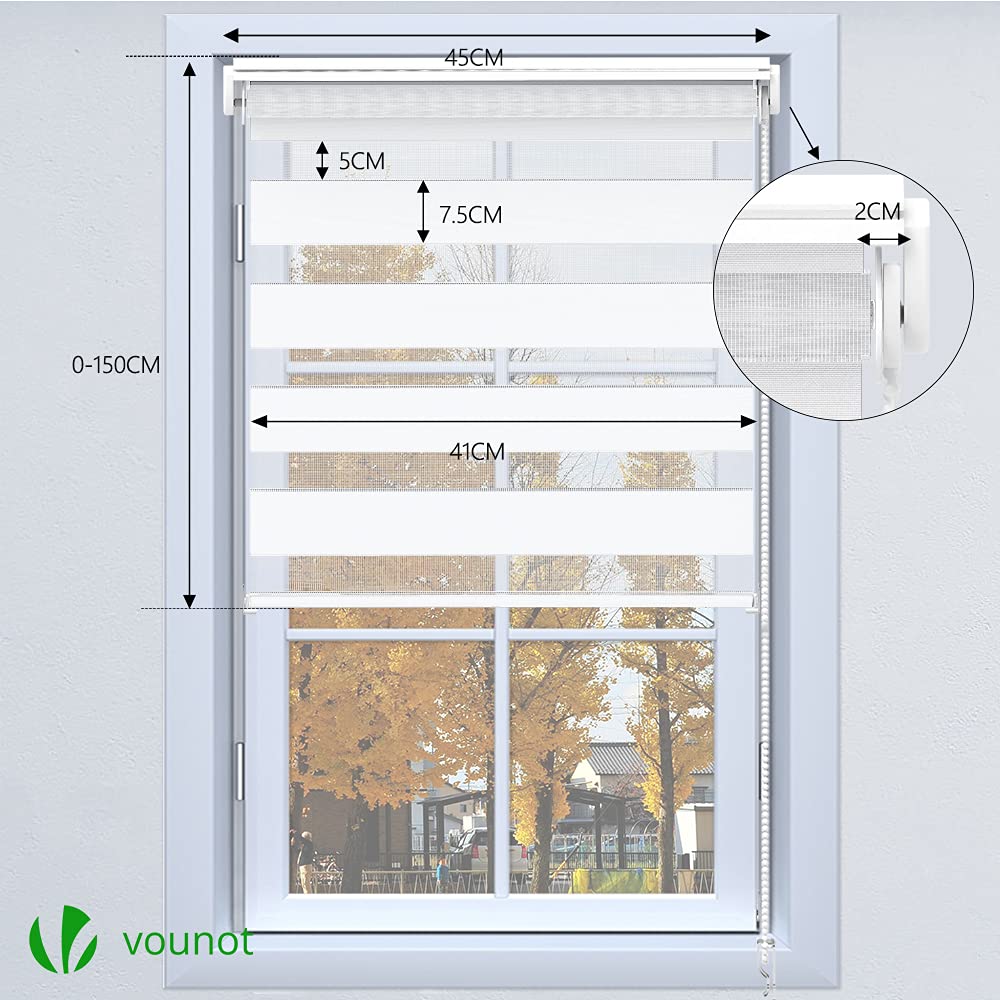 VOUNOT® Set di 2 Tenda a Rullo Doppia Strato Oscurante Giorno e Notte, Catenella Laterale, Bande Trasparenti e Opache, Tenda Interno Zebra Blinds Bianco, 45 x 150 cm