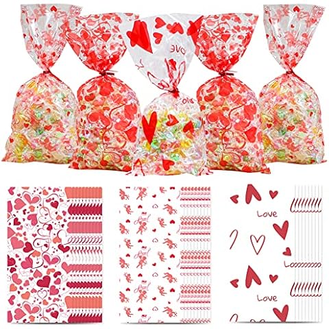 Simmpu 150 Pieces Valentine Cellophane Bags Plastic Valentines Party Treat Bags Candy Bags Heart Cellophane Gift Bags with 200 Twist Ties for Valentine's Day Wedding Anniversary Party Supplies Cover