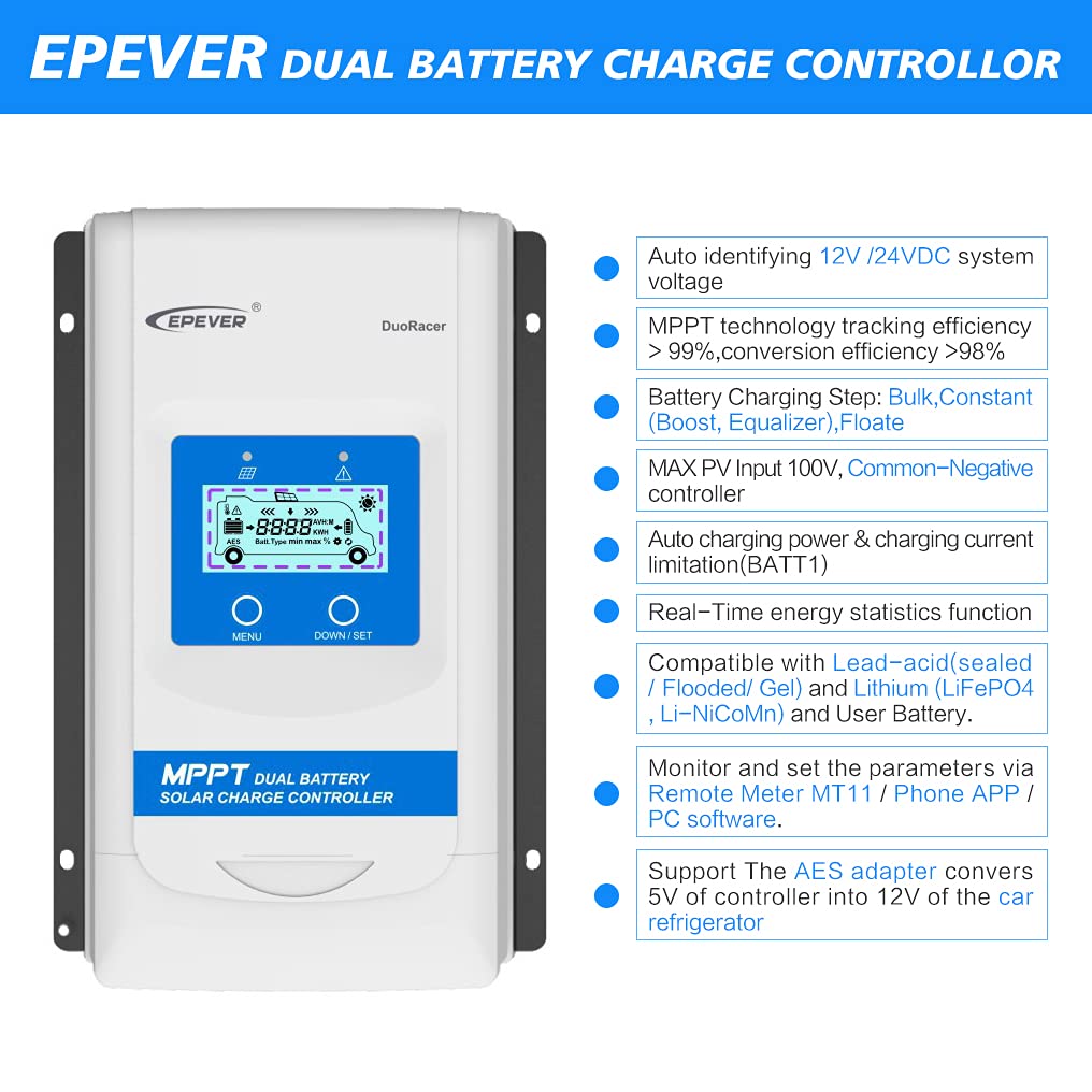 Buy EPEVER 30A RV MPPT Dual Battery Solar Charge Controller 12V 24V