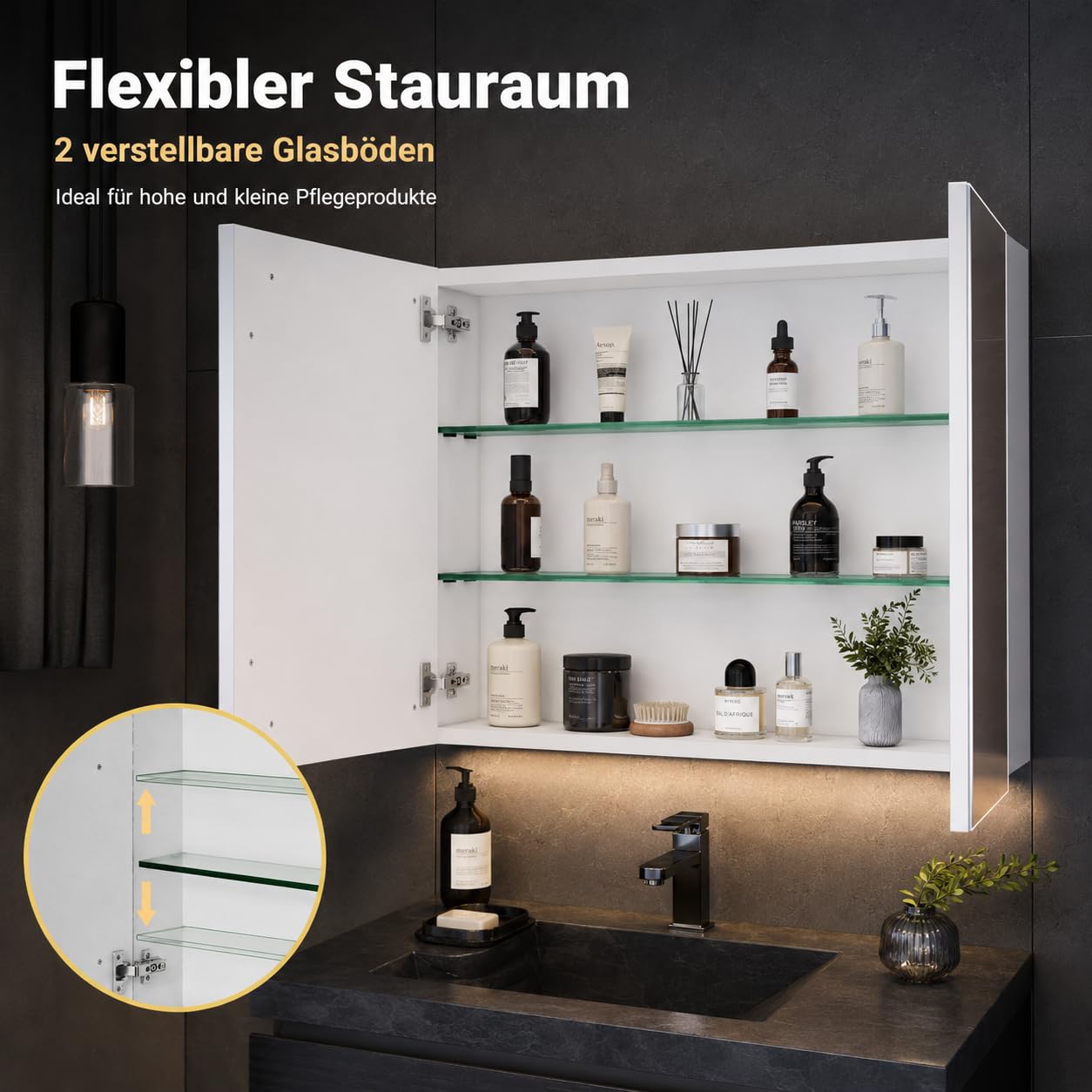 Spiegelschrank Bad Mit Beleuchtung, Alibertschrank Bad Mit Beleuchtung, 80cm Badezimmer Spiegelschrank, Spiegel Und Ablage Verstellbarer, Spiegelschränke Fürs Bad, Hängeschrank, Doppeltür (Weiß-80cm)