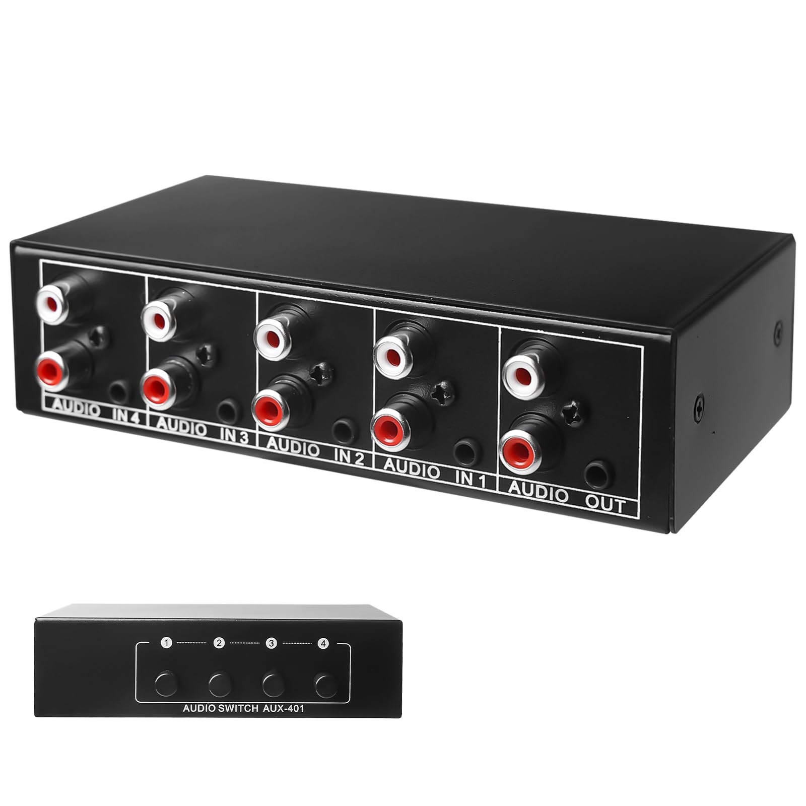 Aicharynic Interruttore Audio 4 in 1 out, Commutatore Audio 3,5 Mm Aux + RCA L/R, Interruttore Audio Bidirezionale, Scatola di Selezione Audio, Splitter Audio Video per Cuffie