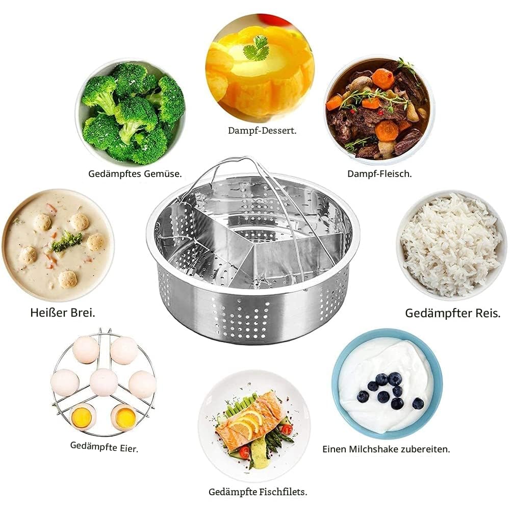 Dampfgarer Rack Set, 3 Stück Schnellkochtopf-Zubehör, inklusive Edelstahl-Dampfkorb, Eier-Dämpfer-Rack, Teiler-Dämpfer-Rack, für 5,6,8qt 4/5/6 Liter Instant Pot Schnellkochtopf