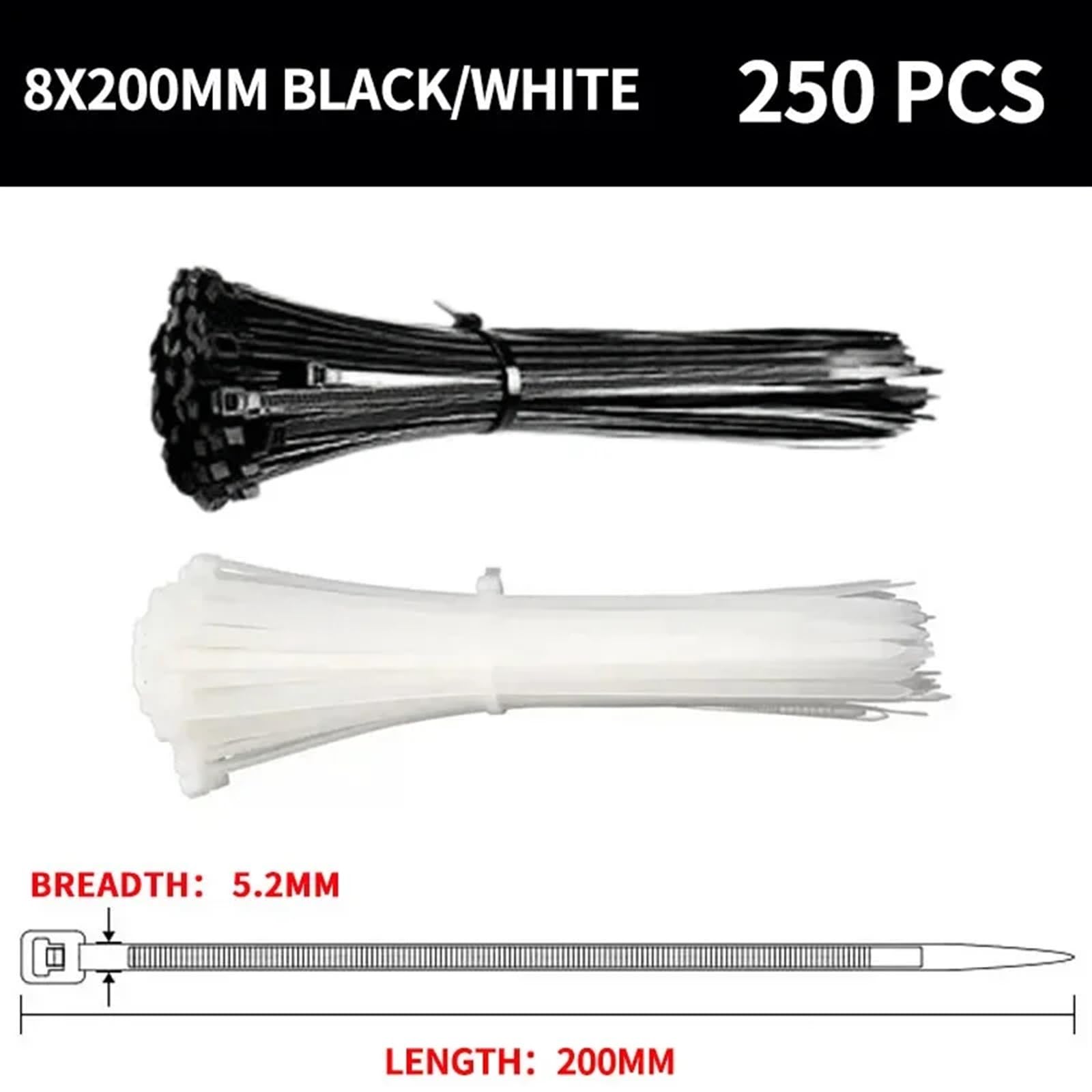 Attache Cable Attache de câble autobloquante, Attache en Nylon, Attaches à Fermeture éclair, en Plastique Blanc, à Pression Forte, résistante aux Hautes températures, 250 pièces(8x200mm)