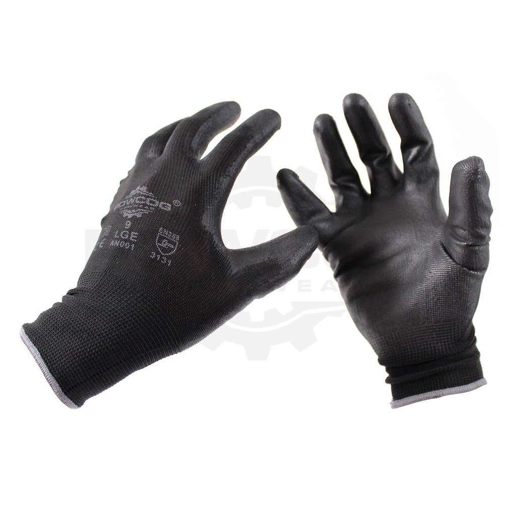 12 Pairs of 'POWCOG' PU Safety Work Gloves PPE | Black | XL | Perfect for Gardening Mechanics Warehouse DIY