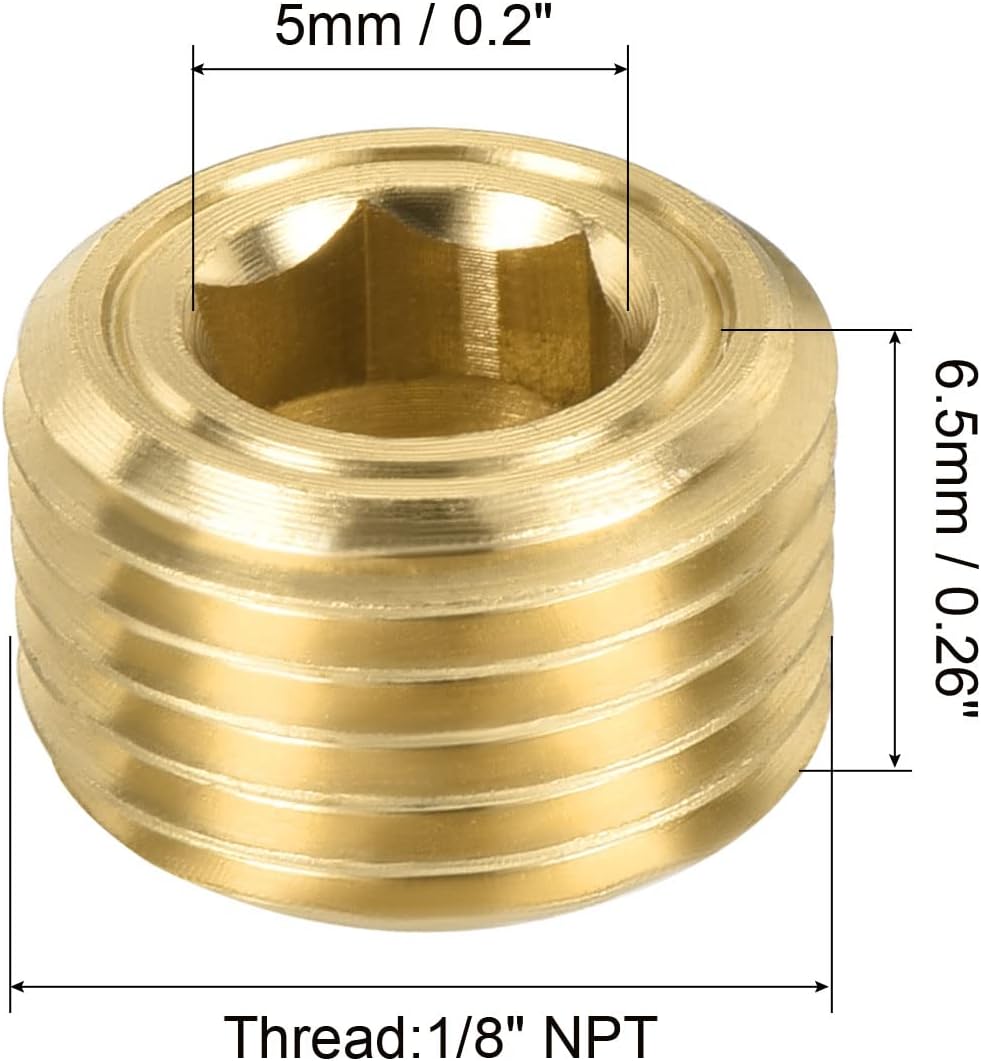 MECCANIXITY Brass Pipe Plug 1/8 NPT Male Thread Hex Internal Head Socket Fitting for Water Air Fuel Pipeline Pack of 10