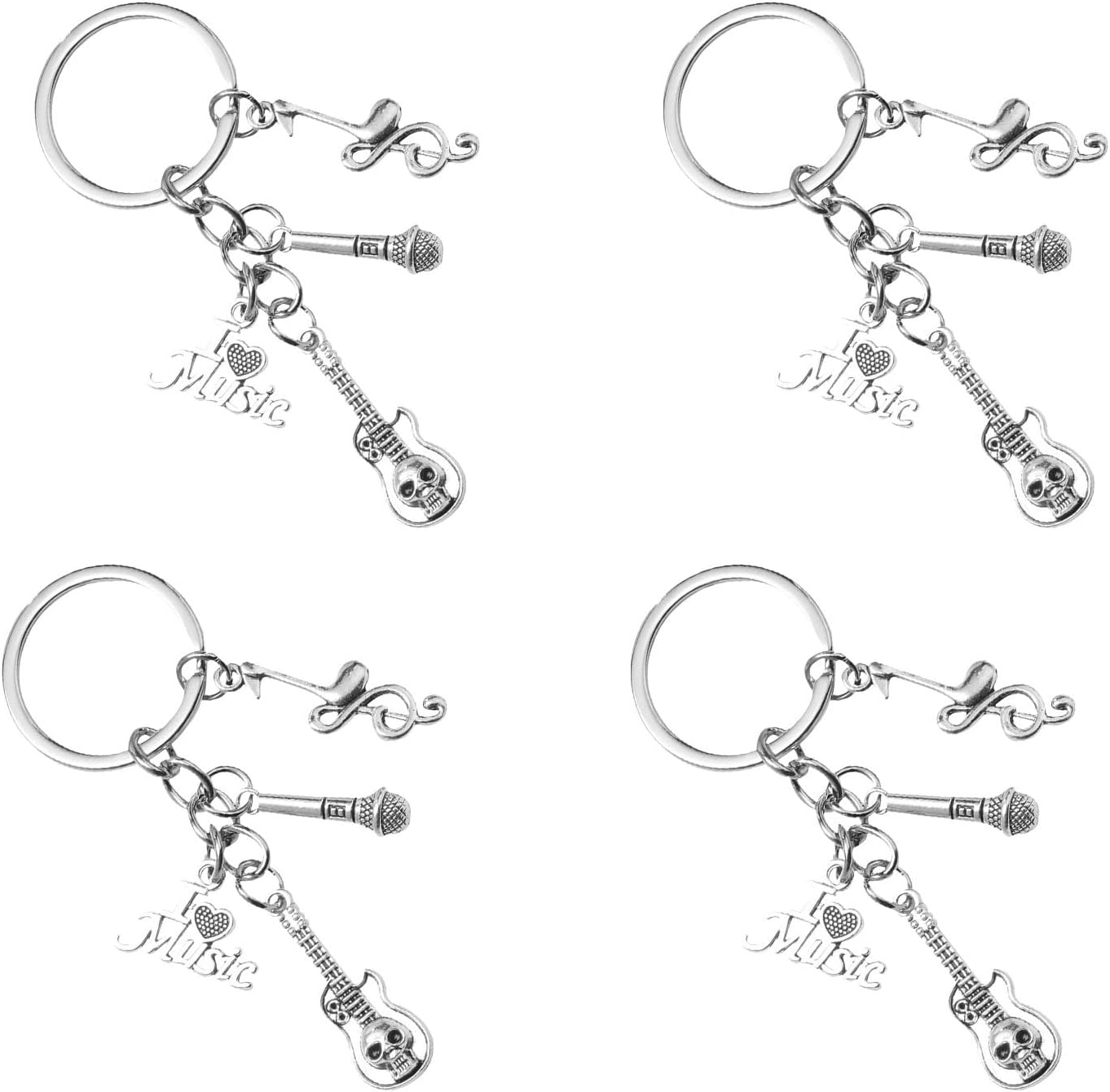 4pcs Vintage Metal Microphone and Guitar Keychain Set Alloy Music Charms Lightweight Reliable Bag Accessory for Backpack and Car Keys Music Party Favor for Teens and Musicians