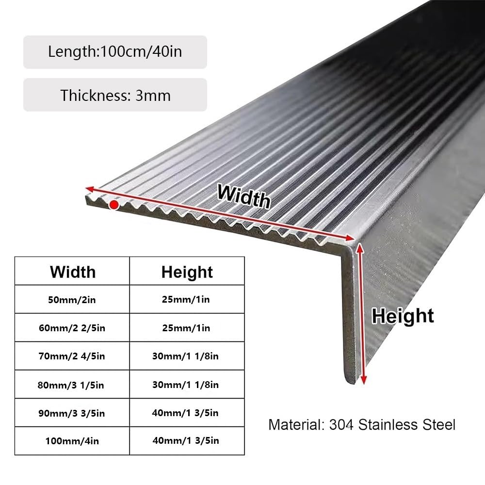 Perfil De Protección Para Borde De Escaleras Acero Inox, Esquina Para Cantos, 100cm, Forma De L, Tiras Antideslizantes De Peldaños, Para Interior Y Exterior(W8cm-3 1/5in)