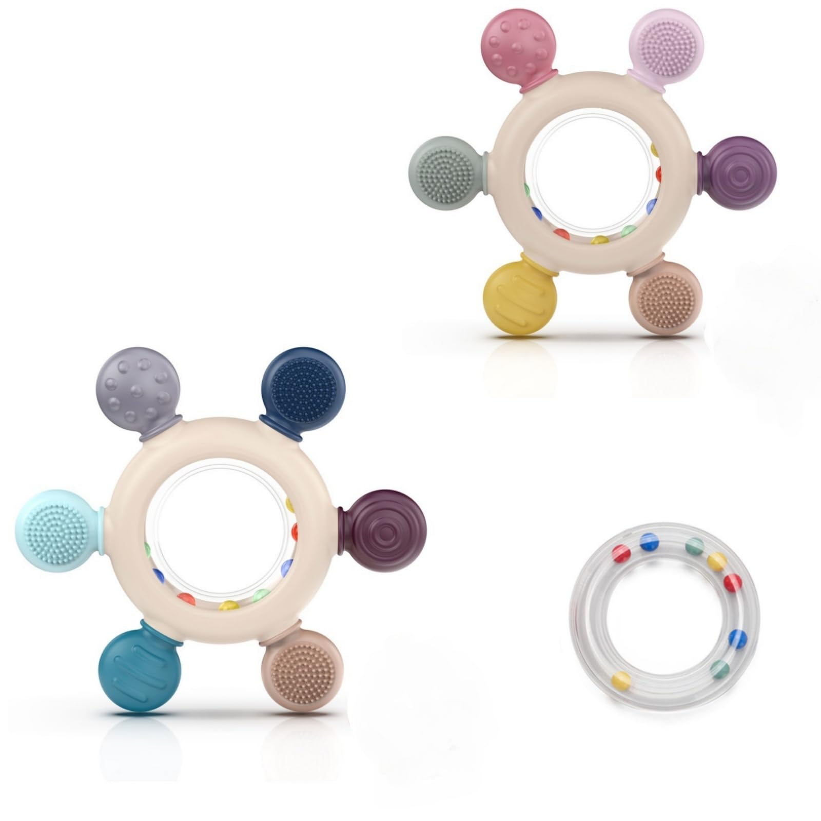 akolik Giochi Dentizione Neonato, Sonaglio Anello Massaggiante in Silicone per Bambini, Massaggiagengive Senza BPA per neonati di età superiore ai 3-6 6-12 mesi