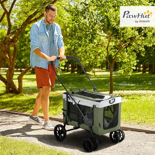 PawHut 2 in 1 Hundewagen Hundebuggy klappbar für Hunde & Katzen bis 10 kg Katzenbuggy mit Kissen Netzfenstern Türen Aufbewahrungskorb Katzenwagen Buggy Dunkelgrün