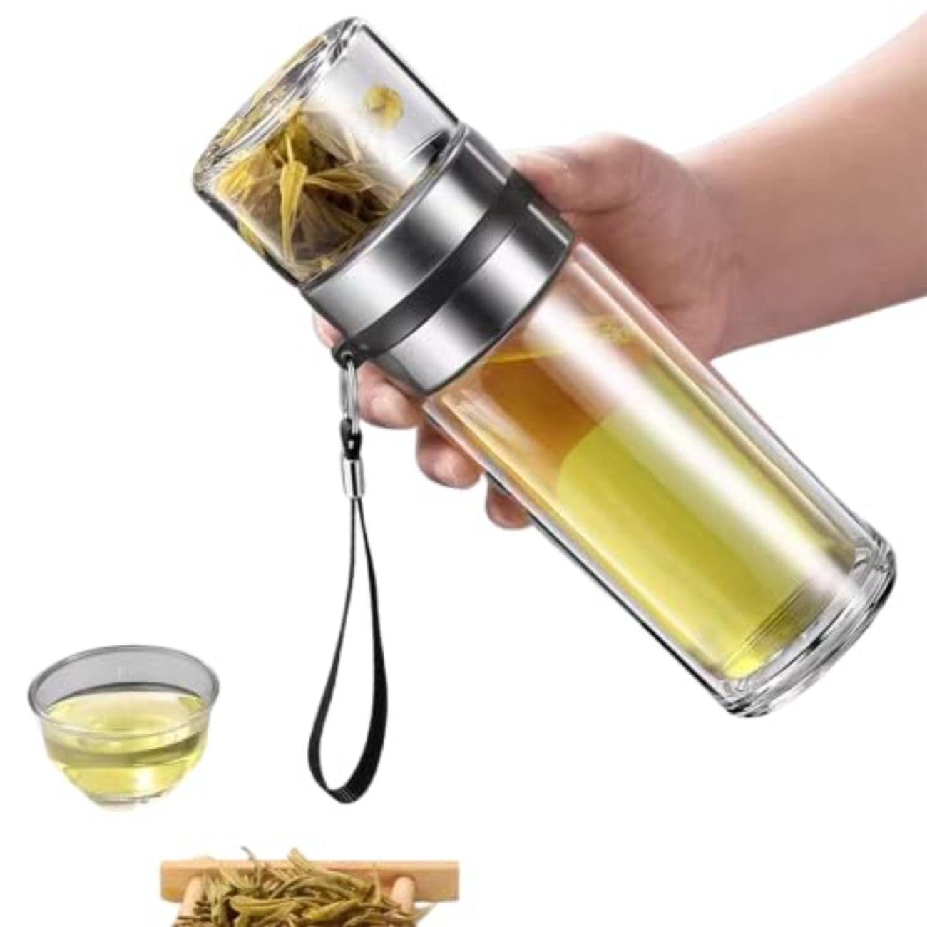 Portable Travel Water Separation Tea Bottle Mug Cup Water Separation Bottle Cup with Tea Infuser with Inbuilt Glass Mug Mesh Filter Strainer Glass Green Tea Infuser 350ml Double Wall-image-11