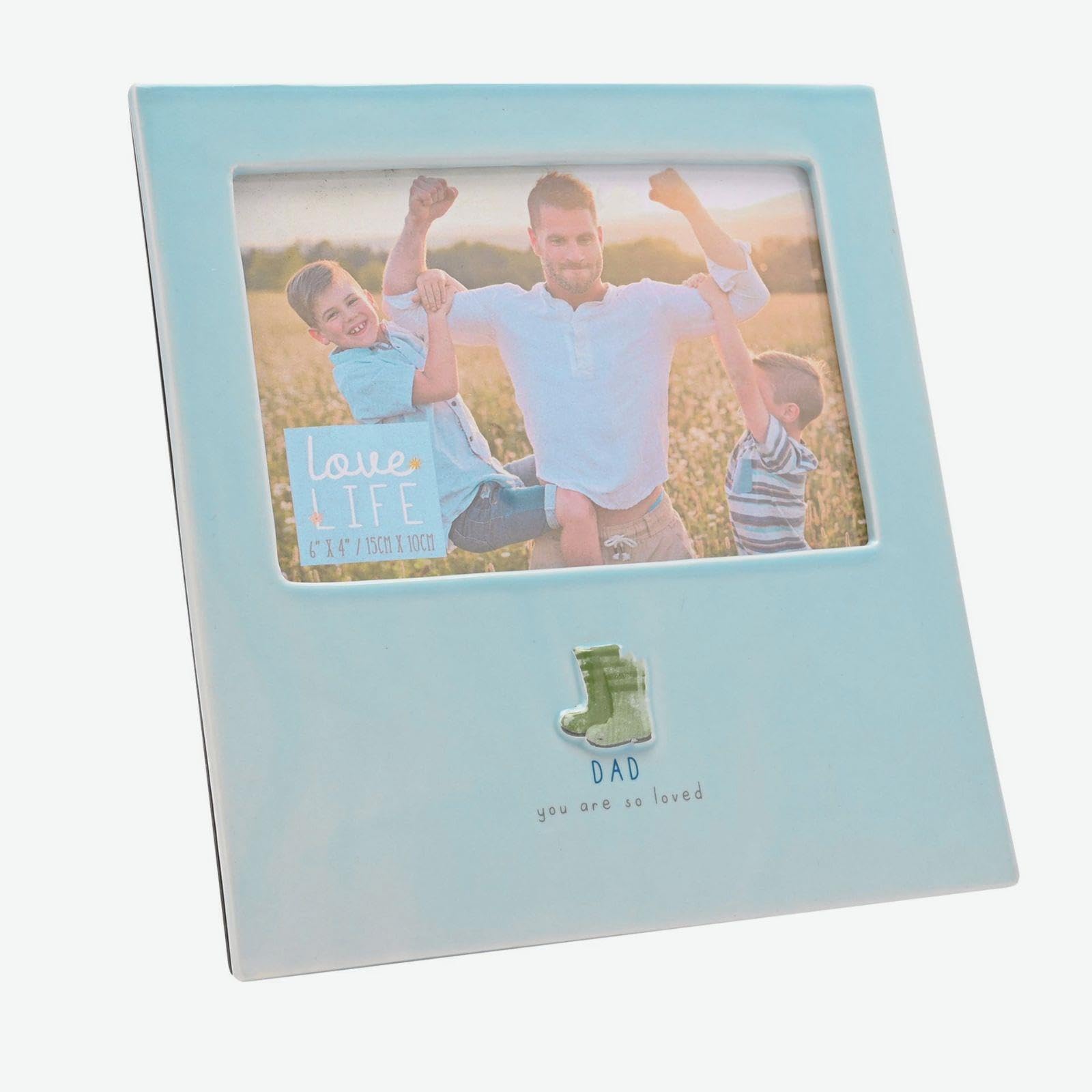 Dad Photo Frame 4x6 Keepsake - Picture Frame Family Home Decor - Dad Gift You Are Loved Wellies Design - Blue Embossed Ceramic Photo Holder - Freestanding Landscape Display