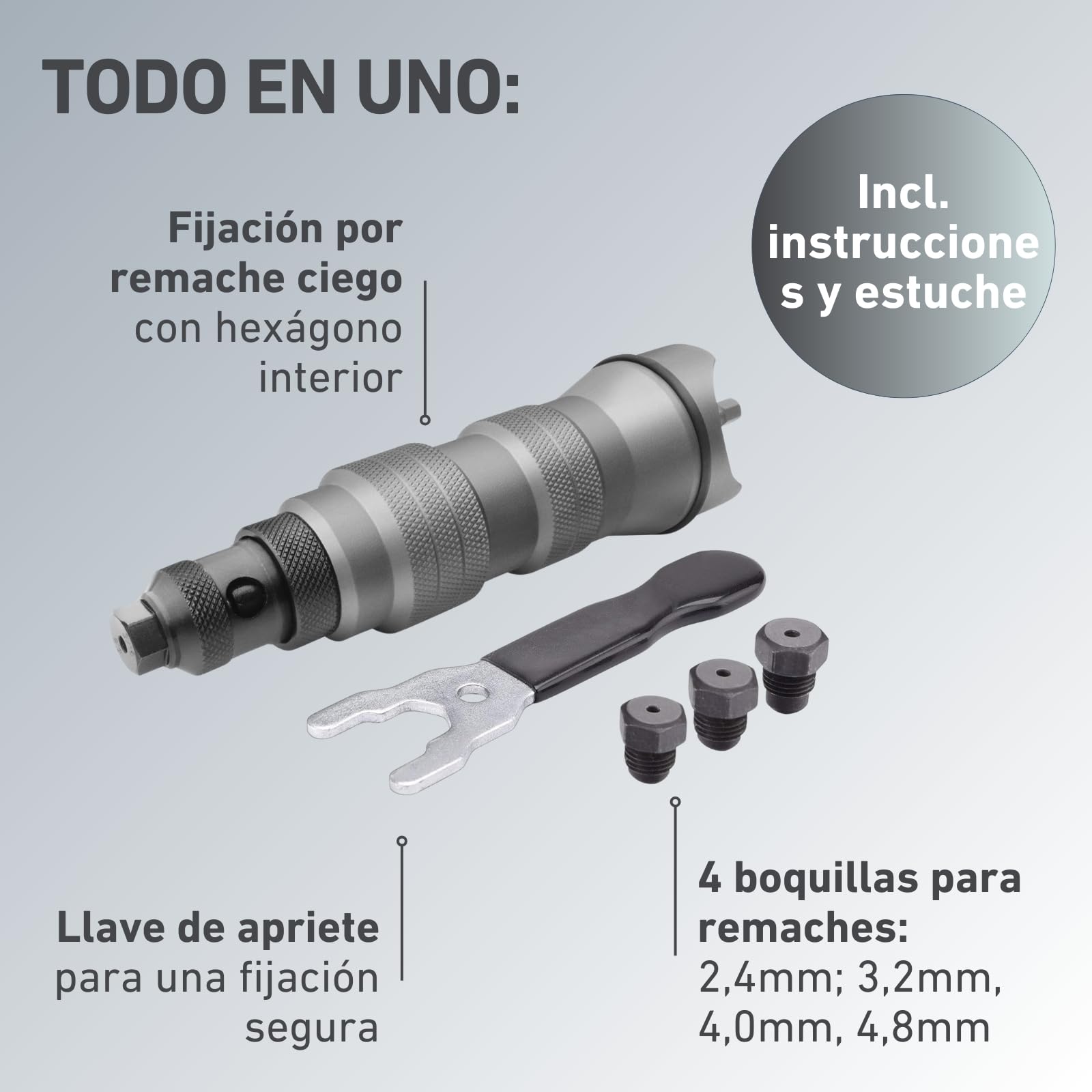 Accesorio para Remachadora para Taladro y Atornillador | Herramienta de Remachado para Aluminio, Acero y Acero Inoxidable | Adaptador para Remaches de 2,4-4,8 mm | Pistola de Remaches Adaptador