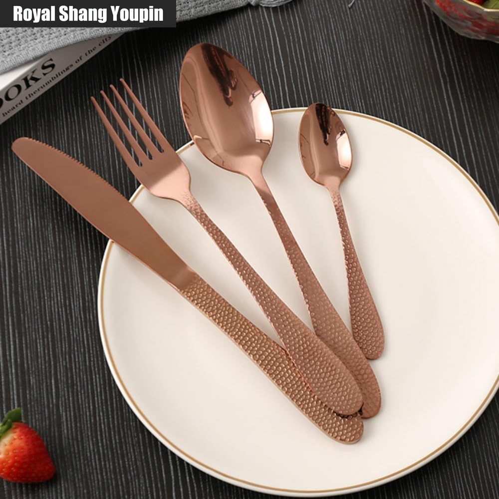 Hammer Strike Modello in Pelle Di Serpente Maniglia Da Cucina Acciaio Inossidabile Posate Stoviglie Posate Set Coltello Da Bistecca Forchetta Cucchiaio Cucchiaino (Oro rosa,20 pezzi)