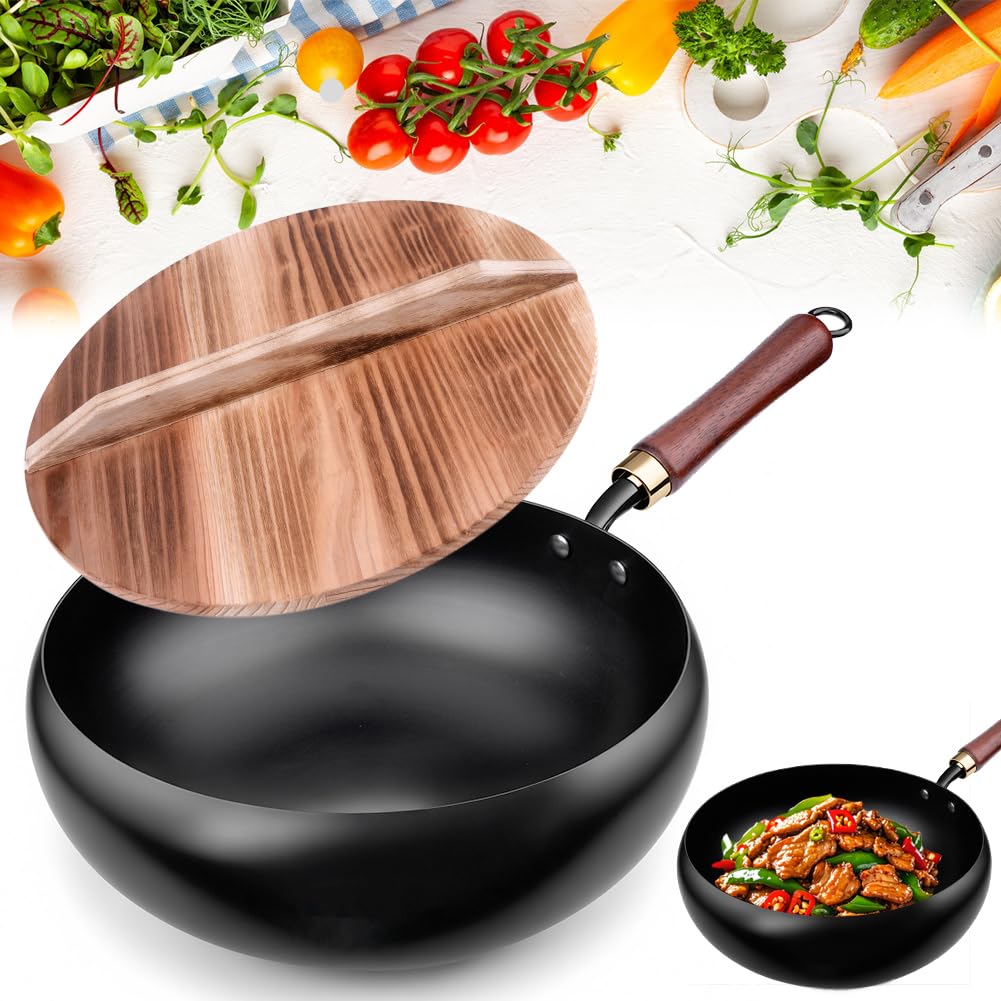 Wok Non Stick, Carbon Steel Wok, Cast Iron Wo-k Iron Pan, Deep Stir Fry Pans with Lid Frying Pan No Chemical Coated Uncoated Hand Forged Big Belly Pot Wo-k with Lid for Stoves Induction All Hob(28cm)