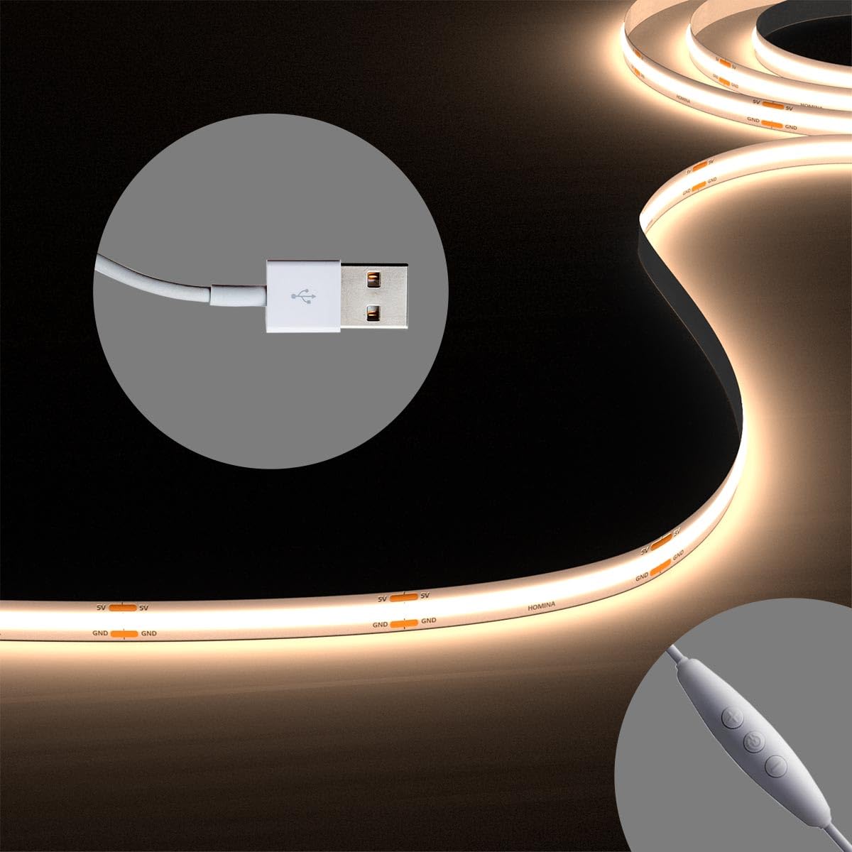 COB LED Strip Lights with 3Key Memory Dimmer, USB 2M/6.6FT Ultra Bright 4000K, 90+ CRI LED Tape Lights, Rope Lights for Bedroom, Cabinet, Kitchen TV Backlight