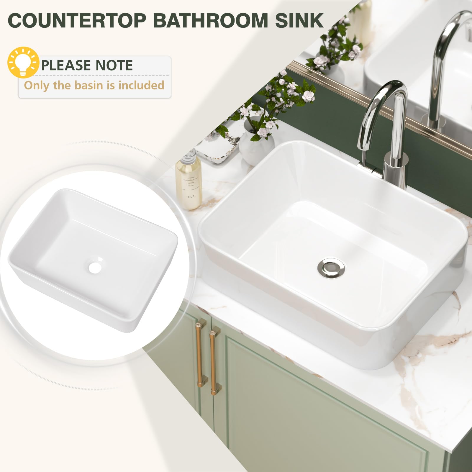 Sarlai Fregadero de cerámica para cuarto de baño, moderno, pequeño, compacto, de porcelana, sobre encimera, diseño clásico, color blanco brillante, rectangular, 485 x 380 x 130 mm